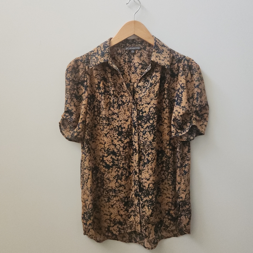 Adrianna Papell Abstract Button Up Shirt Tan Black Short Sleeve